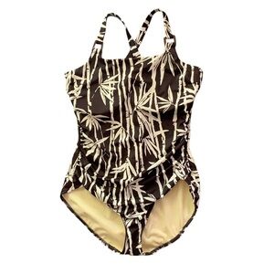 Lands End Brown Cream Bamboo Pattern One Piece Underwire Swimsuit Sz 14